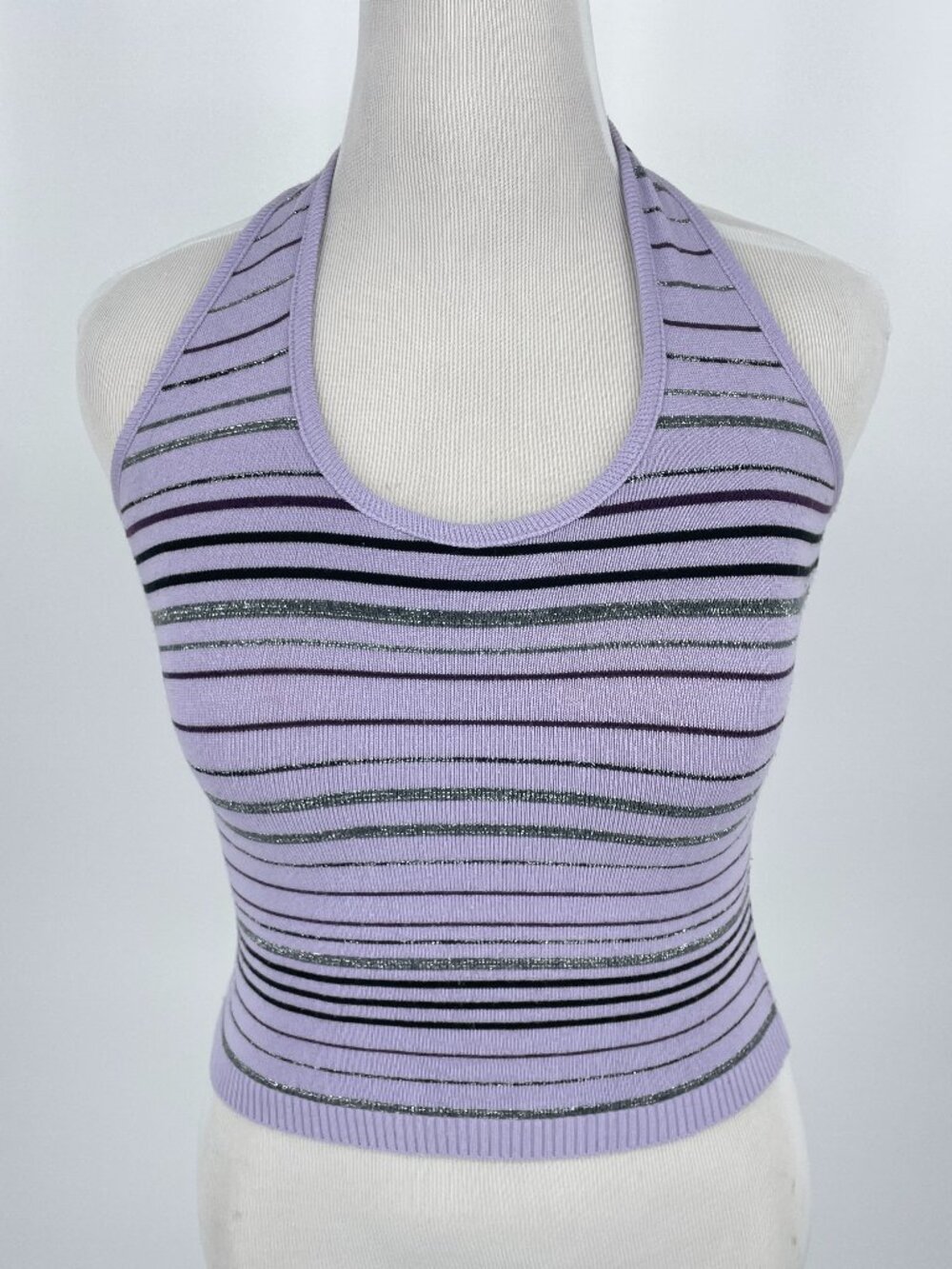 Vintage Y2K XOXO Purple Metallic Striped Knit Halter Top Size S